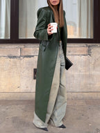 Olive Green Leather Maxi Trench Coat With Shoulder Pads
