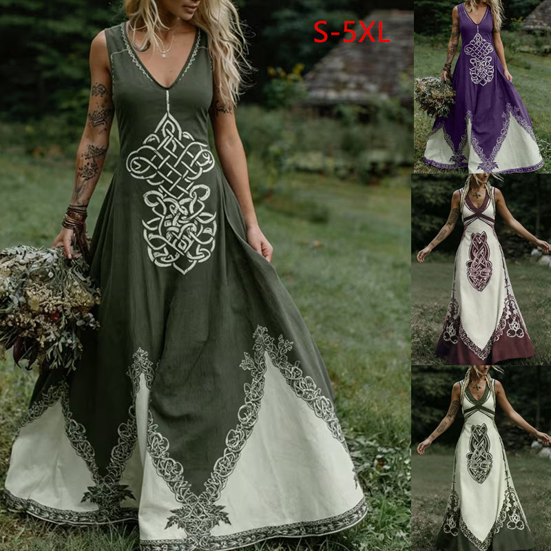 Women's V-Neck Ethnic-style Artistic Sleeveless Printed Dress