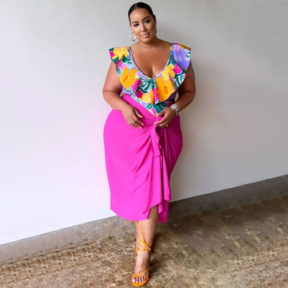 New Stylish Casual V-neck Printed Jumpsuit Printed Skirt Plus-size Two-piece Set