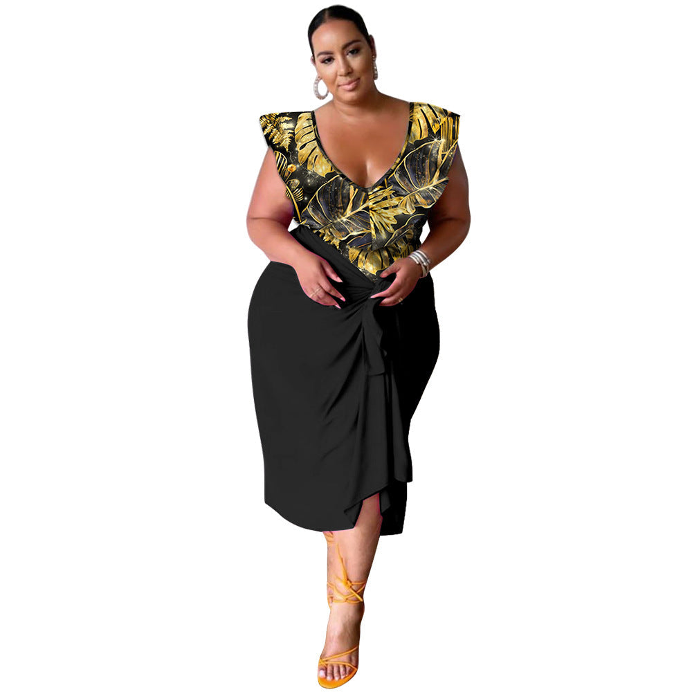 New Stylish Casual V-neck Printed Jumpsuit Printed Skirt Plus-size Two-piece Set