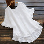 Arrival Solid-color Cotton-linen Loose-fit Round-neck Blouse With Ruffled Hem