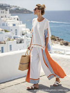 Summer Striped Suits Loose Batwing Sleeve T-shirt And Solid Straight-leg Pants