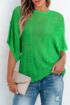Green Pointelle Knit Scallop Trim Blouse Women UK