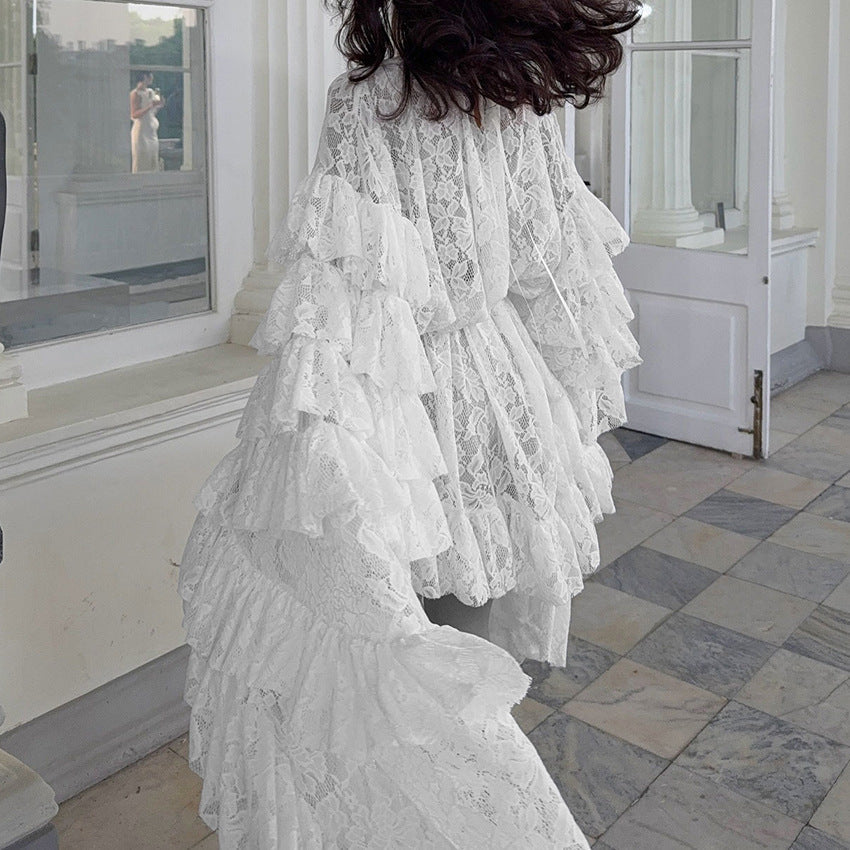 New Autumnwinter Lace Sheer Ruffled Long-sleeve Cropped Dress
