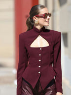 Burgundy Stand Collar Long Sleeve Top