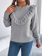 Women Elegant Solid Color Ruffled Long Sleeve Pullover Sweater
