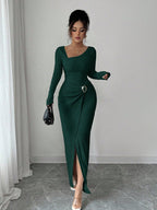 Autumn And Winter Irregular Neckline Solid Color Knitted Texture Long Dress For Women