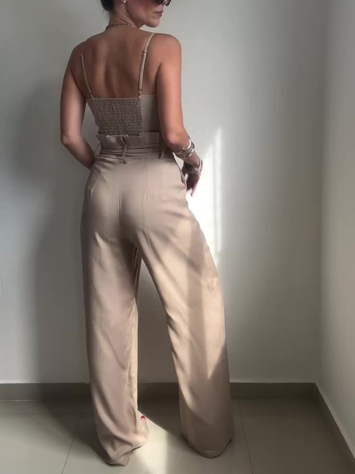Solid Color Suspender Top & High Waist Pants Set