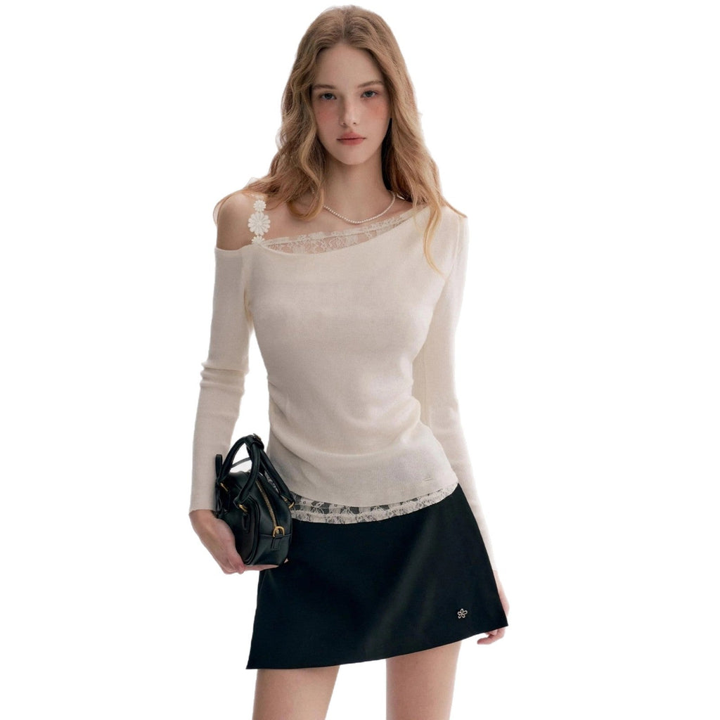 Women's Fashionable Lace-trimmed Off-the-shoulder Long-sleeve Top