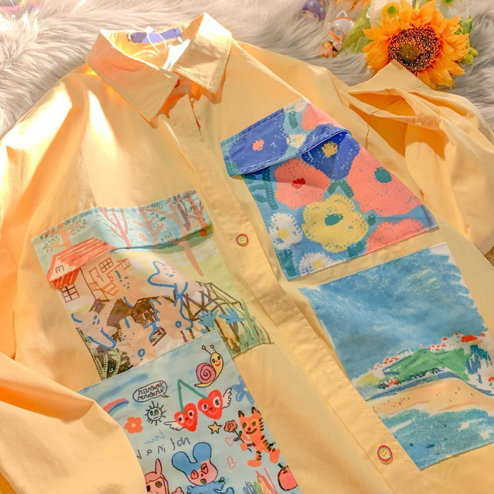 Milk-yellow Oil Painting Cute And Chic Floral Blouse