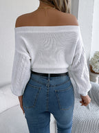 Women Casual Solid Color Off-Shoulder V-Neck Long Sleeve Pullover Sweater