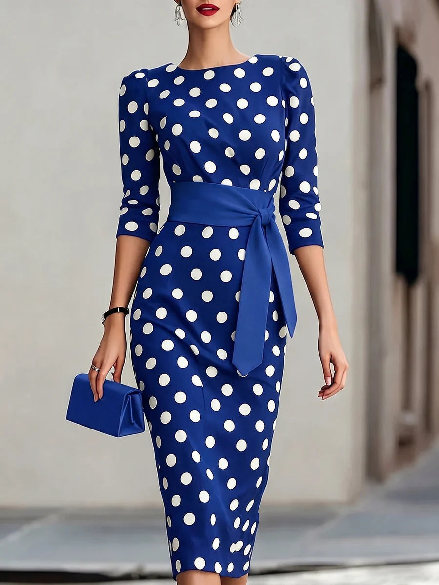 Retro Polka-dot Navy Blue Belted Waist-hugging Elegant Dress