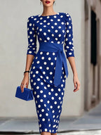 Retro Polka-dot Navy Blue Belted Waist-hugging Elegant Dress