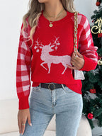 Women Casual Plaid Deer Long Sleeve Pullover Sweater Christmas Edition