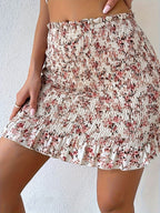 Printed Paper Bag Waist Drawstring Ruffled Hem Skirt