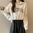 Drawstring Hem POLO Neck Sweatshirt Womens Loose Petite Short Half-Zip Top