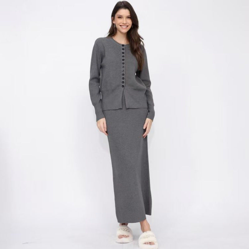 Women's Solid-color Casual Cardigan And Skirt Setsoft And Gentle All-in-one Outfit