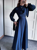 Women's Satin Plunge Neck Long Sleeve Maxi Dress - Elegant Evening Gown