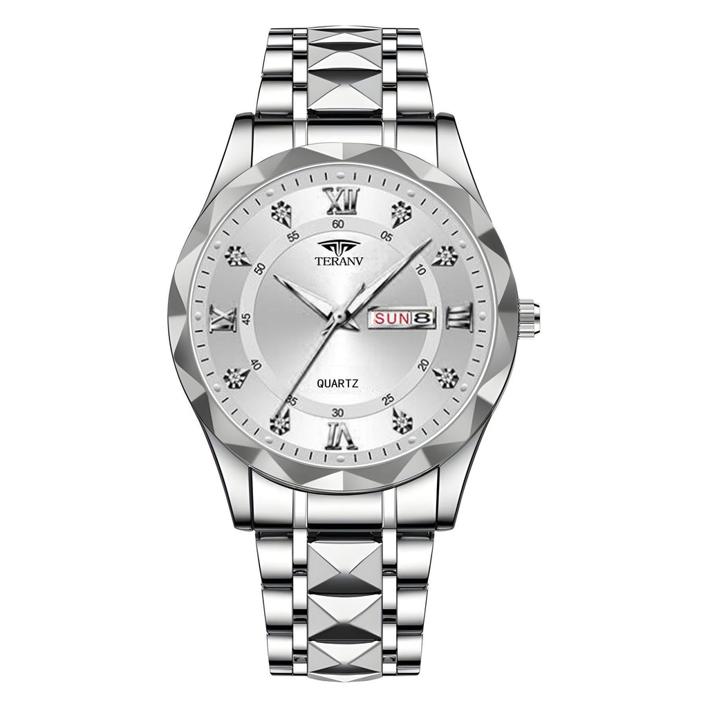 Men's Diamond Shell Calendar Watch - Stainless Steel Luxury Timepiece