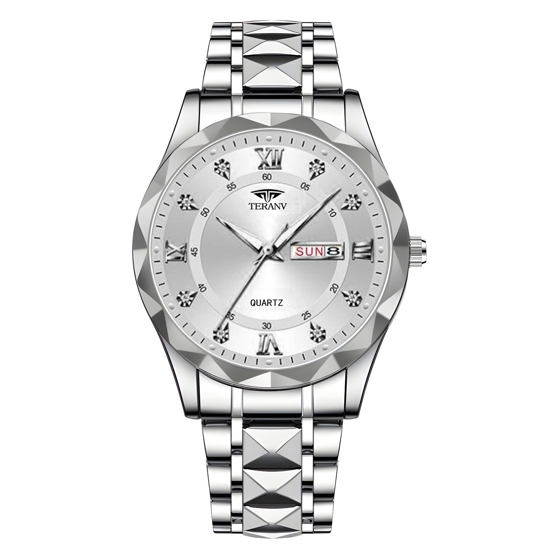 Men's Diamond Shell Calendar Watch - Stainless Steel Luxury Timepiece