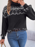 Women Ethnic Style Vintage Jacquard Lantern Sleeve Turtleneck Sweater