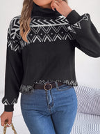Women Ethnic Style Vintage Jacquard Lantern Sleeve Turtleneck Sweater