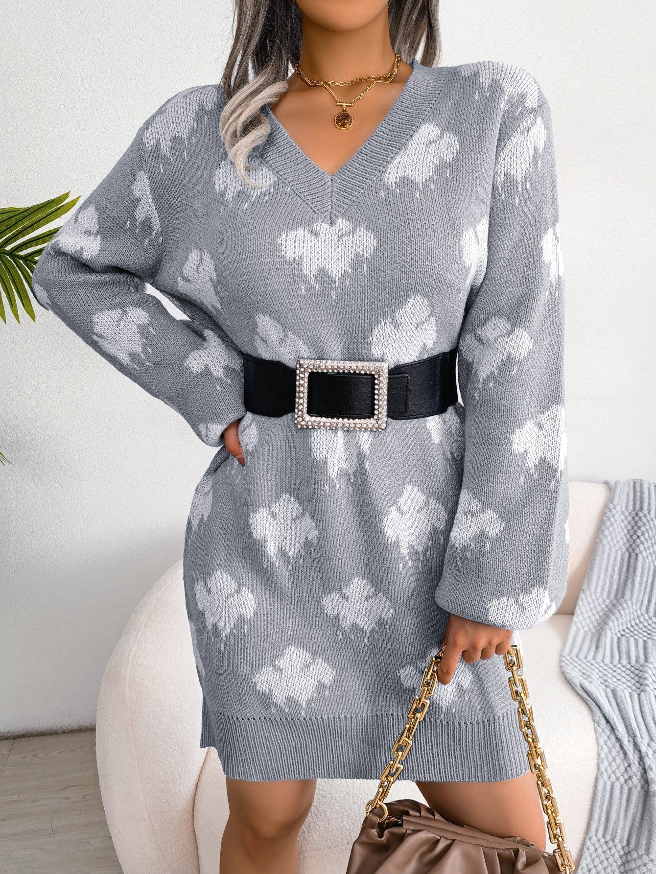 Women's Color-Blocked Cloud Lantern Sleeve Knitted Slip Dress
