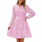 V-neck Hollow Eyelet Embroidered Cotton Long Sleeve Dress