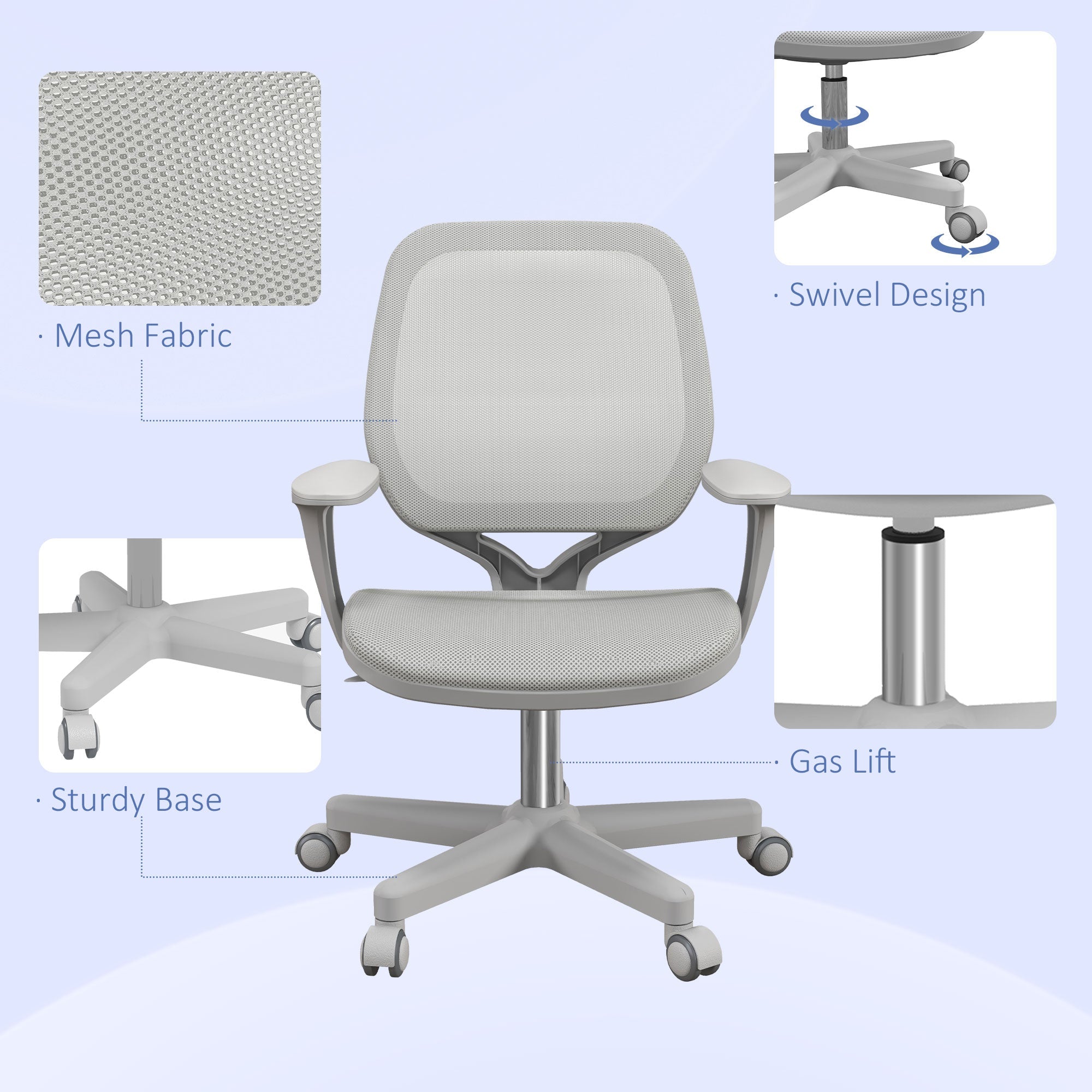 Vinsetto Office Chair, Breathable Mesh Swivel Desk Chair with Adjustable Height and  360° Swivel Security Wheels for Home Office, Study, Grey