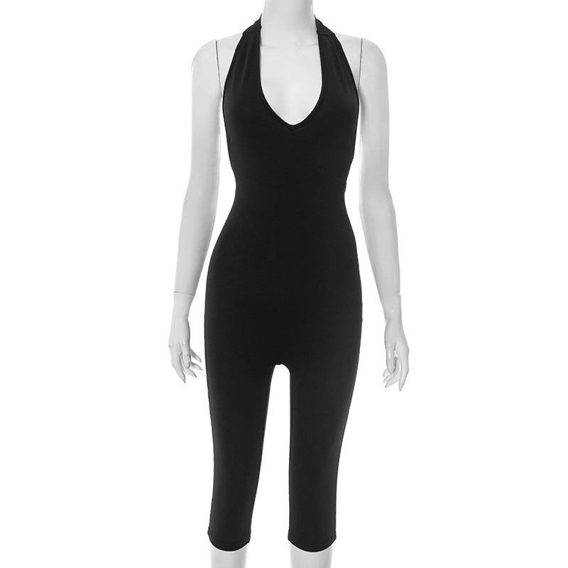 Women's Halter Deep V-Neck High-Slit Backless Cropped Jumpsuit