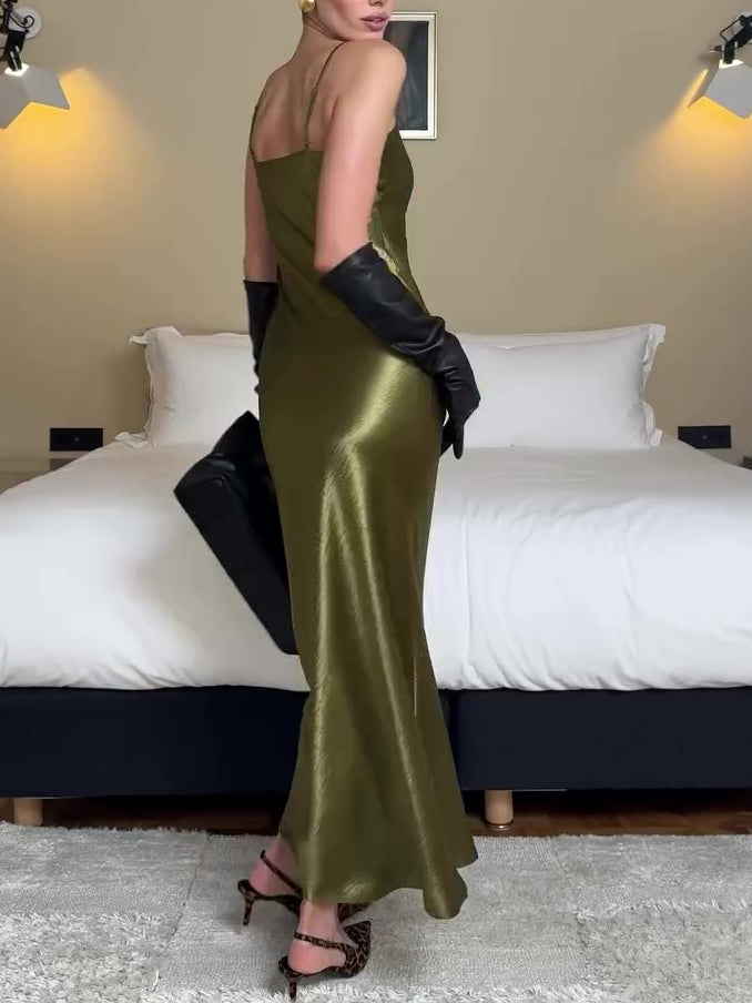 Olive Green Satin Slip Dress - Elegant Maxi Evening Gown for Women