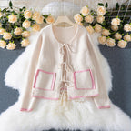 Women's Contrast Color Elegant Fashion Casual Loose Front Lace-up Pocket Knitted Cardigan