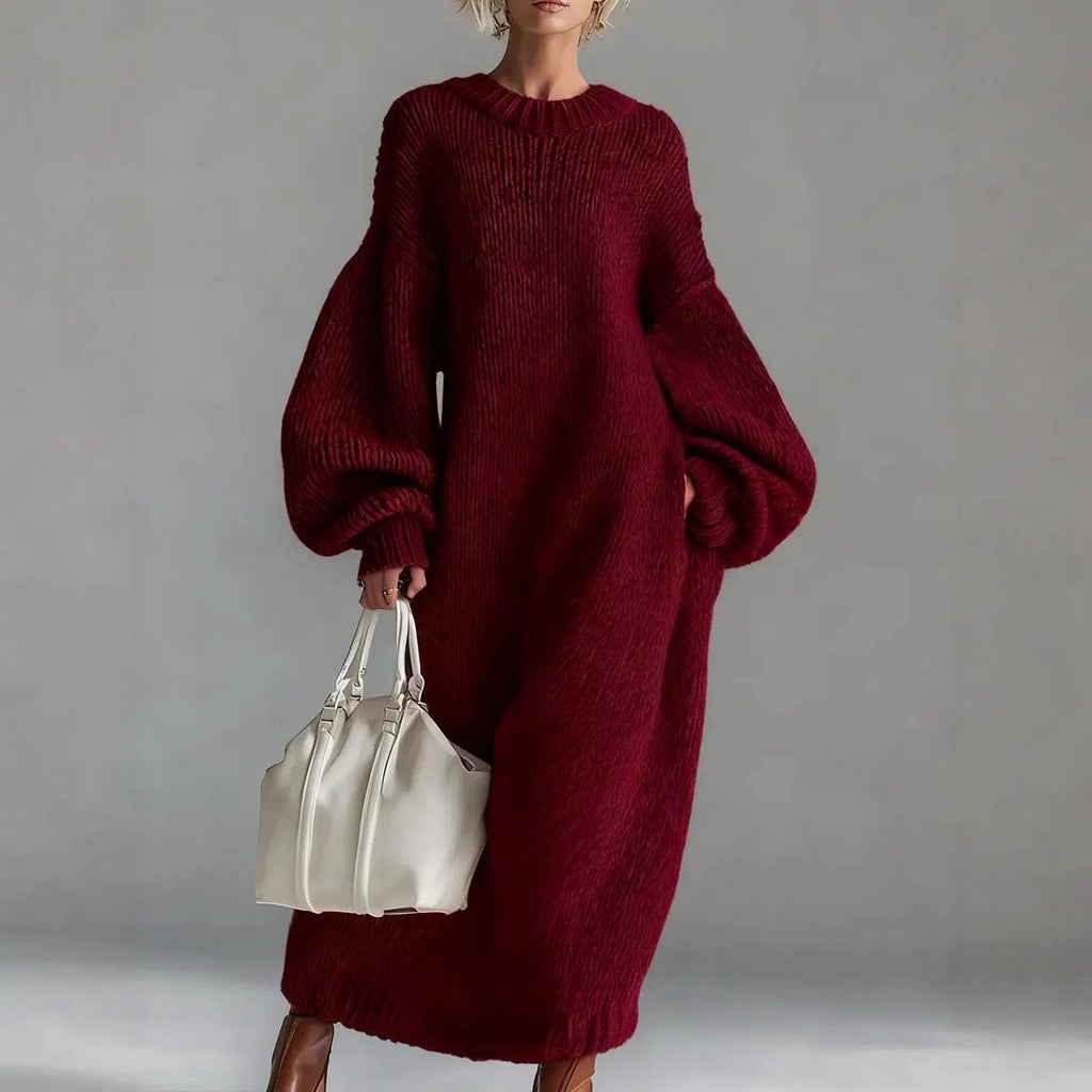Crew-neck Loose-fit Lantern-sleeve Long Knit Sweater Dress