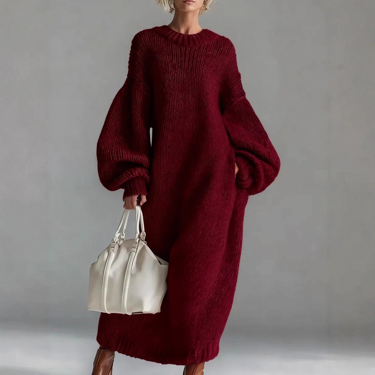 Crew-neck Loose-fit Lantern-sleeve Long Knit Sweater Dress