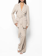 Elegant Solid Color Belted Blazer & High Waist Pants Set
