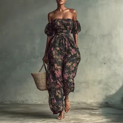 Floral Design Ruched Puff Sleeves Floral Print Jumpsuit With High Waist