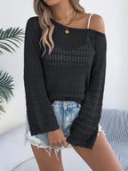 Women Off-Shoulder Hollow Out Long Sleeve Knit Cardigan Sweater