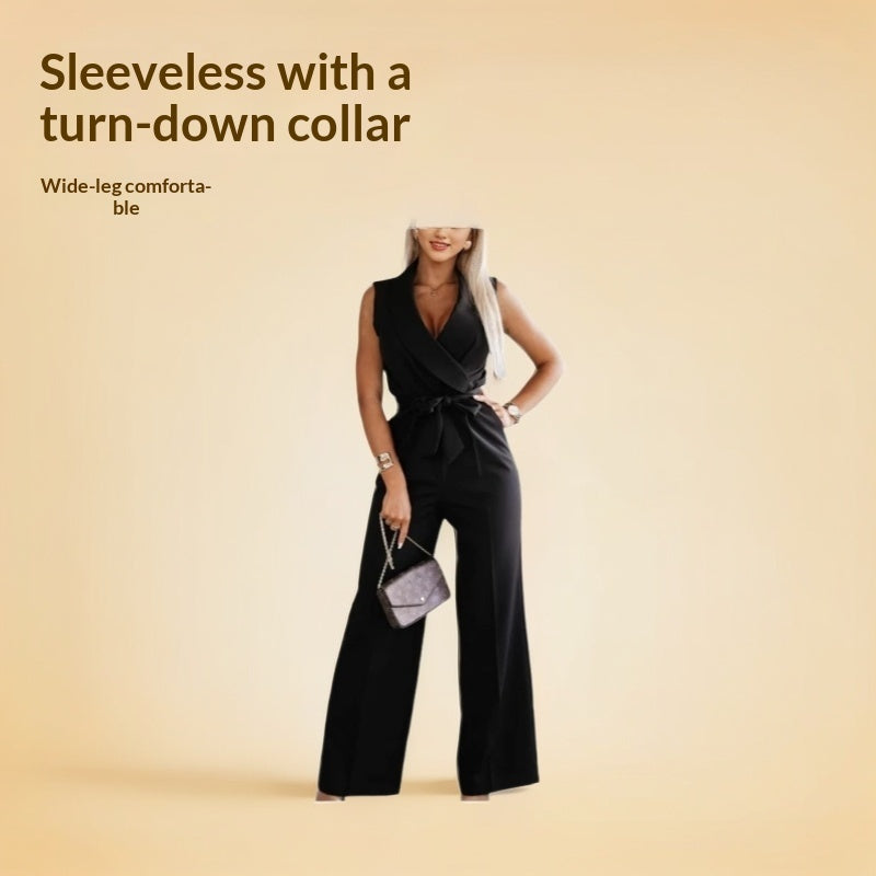 Women's Sleeveless Lapel-collar Wide-leg Jumpsuit With Belt And Pockets