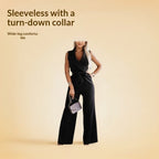 Women's Sleeveless Lapel-collar Wide-leg Jumpsuit With Belt And Pockets