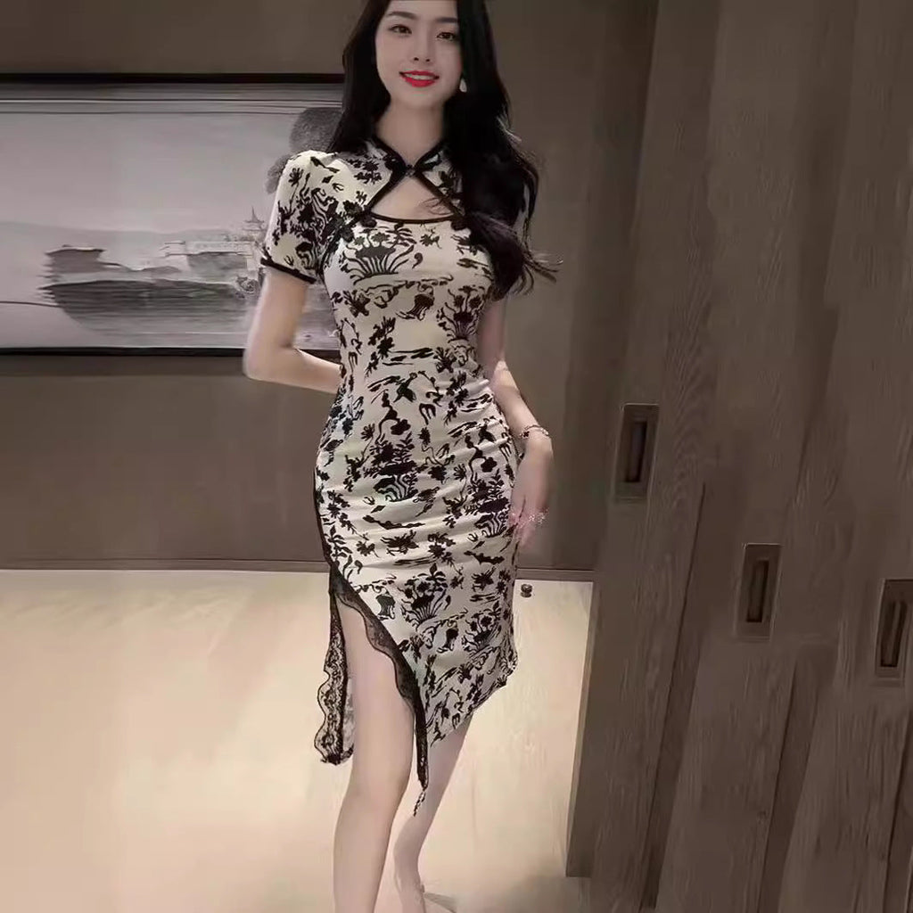 Retro Fitted Waist Slimming Hip-Hugging Printed Dress