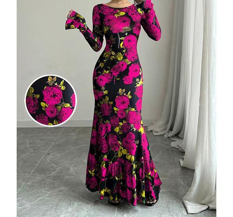 Elegant And Slim-fitting Round Neck Rose Floral Flared Sleeve Bodycon Dress
