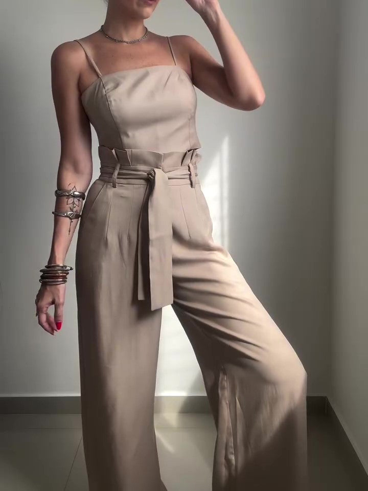 Solid Color Suspender Top & High Waist Pants Set