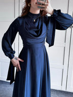 Women's Satin Plunge Neck Long Sleeve Maxi Dress - Elegant Evening Gown