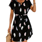 Women's Summer Vacation Style Print Tunic Dress with Batwing Sleeves and Belt Detail, 100% Polyester Crew Neck Lightweight Woven Dress