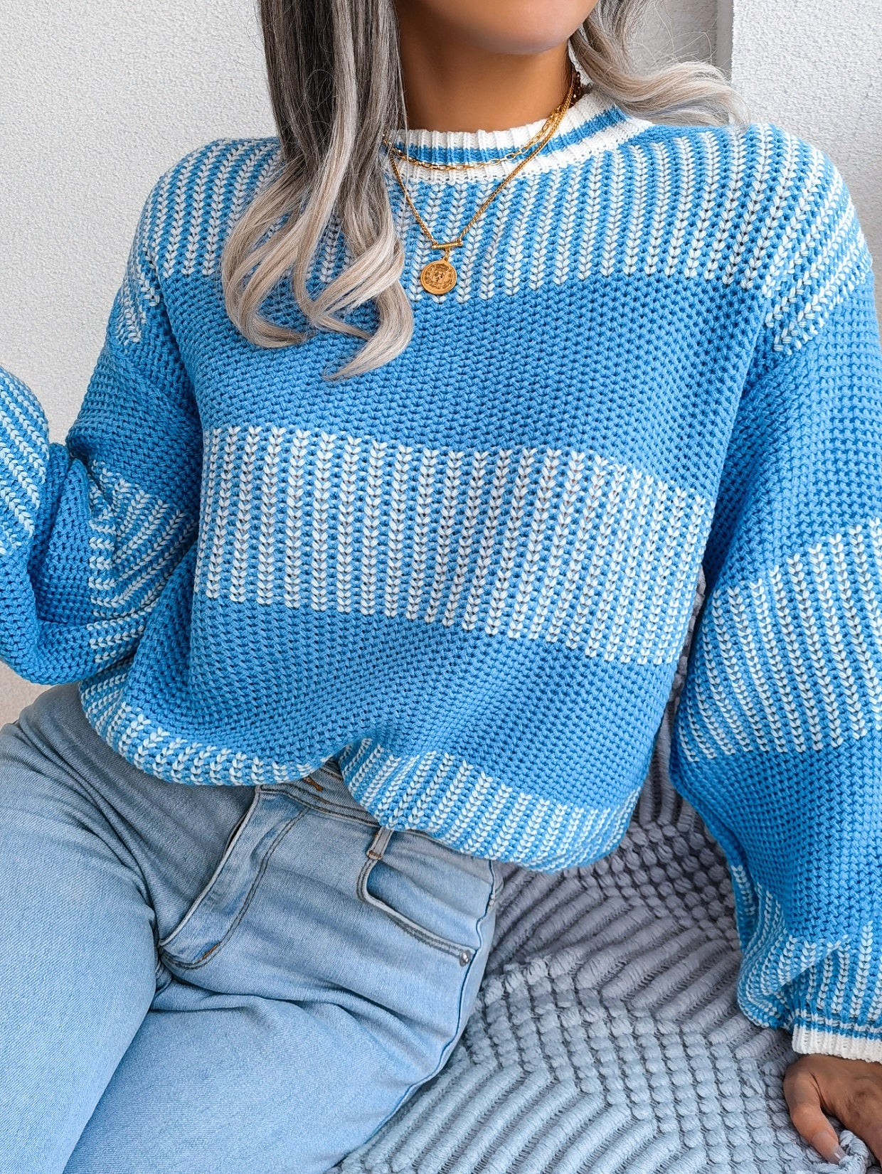 Women Casual Color Block Stripe Long Sleeve Knit Sweater