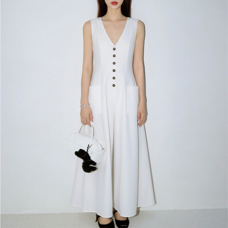 Women's Stylish & Elegant Solid-Color V-Neck Button-Up Dress