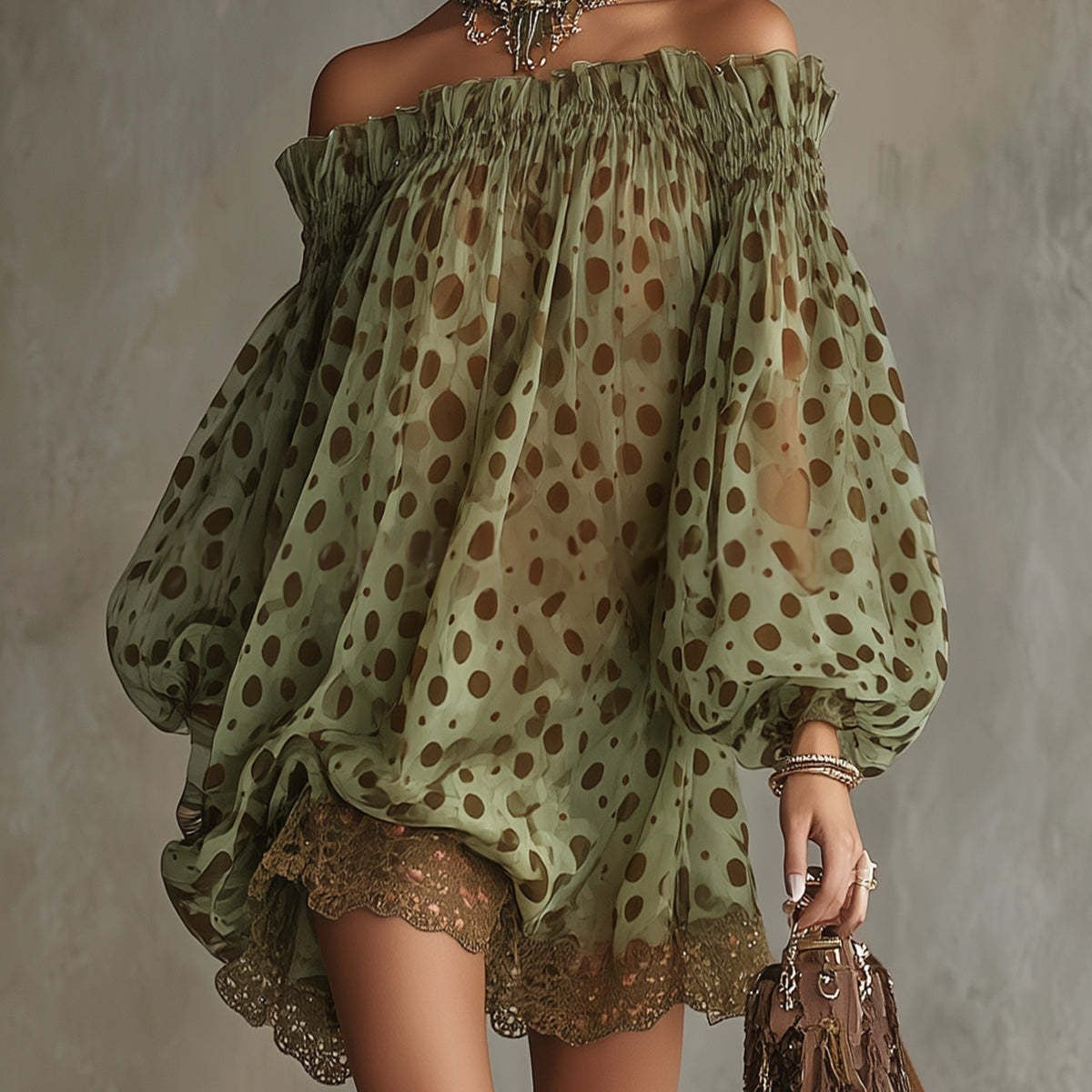 Womens Off-shoulder Printed Chiffon Dress With Puff Sleeves