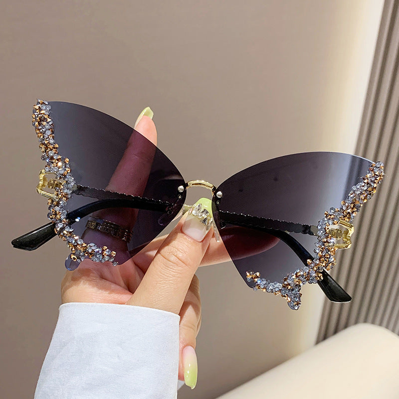 Luxus Diamant Schmetterling Sonnenbrille Damen Marke Y2K Vintage Randlose Oversized Sonnenbrille Damen Brillen Shades