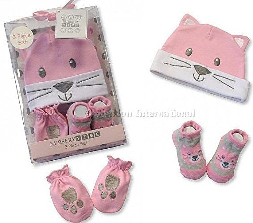 Very Cute Set for Baby - 0 to 6 months Hat, Mittens and Booties Blue Or Pink