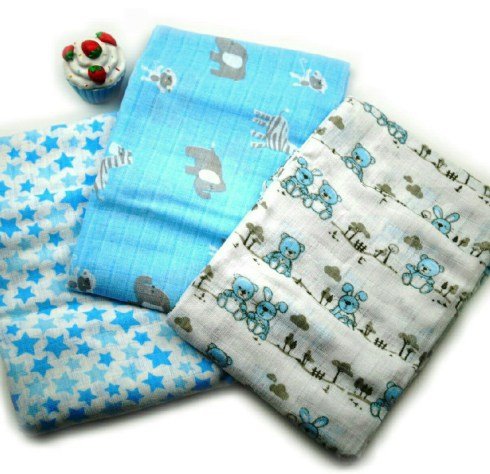 Baby Boy Patterned Muslin Squares (3 pack) - Blue - 75cm x 75cm